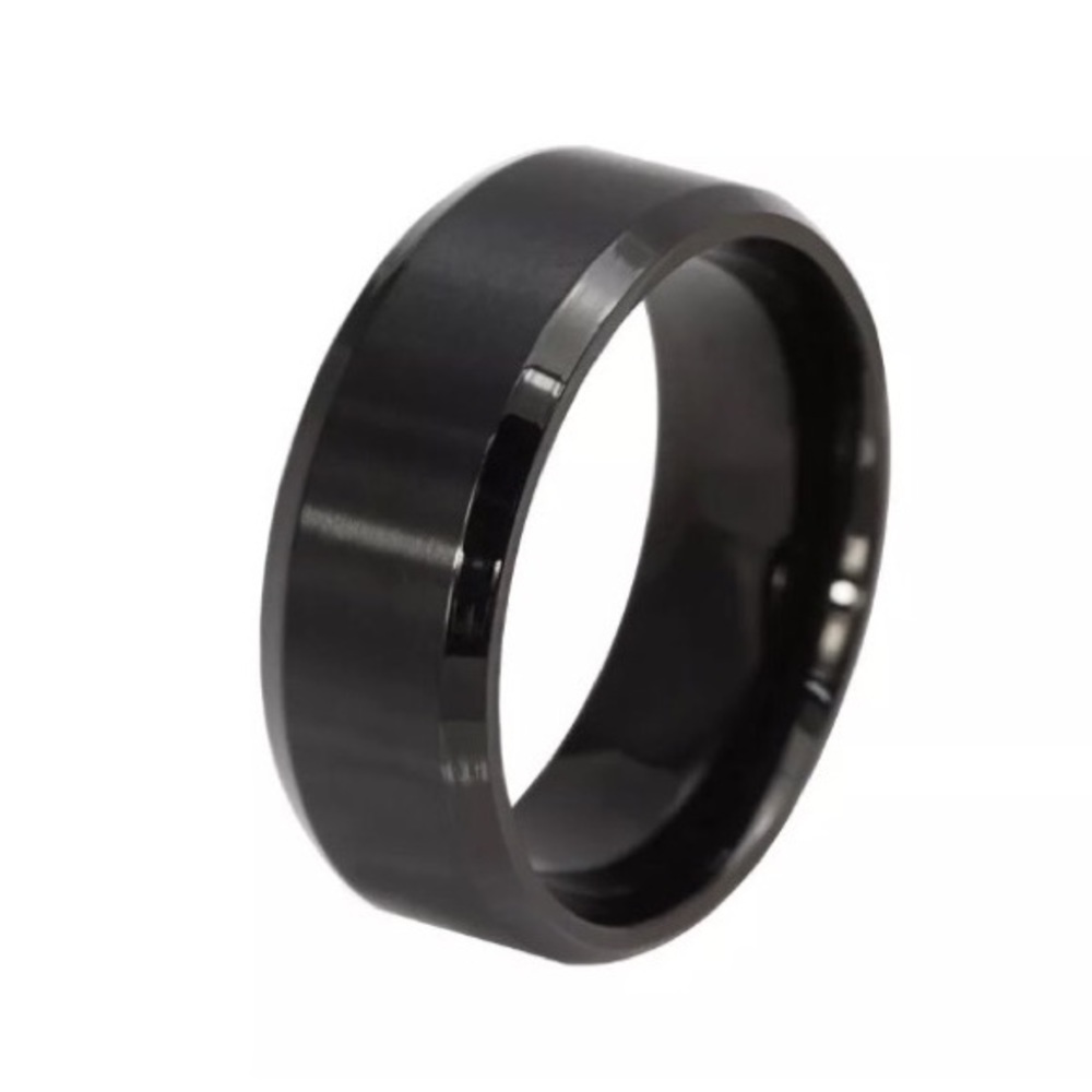 Black Stainless Steel Beveled Edge 8mm Band Brushed Matte Lightweight Comfy Ring